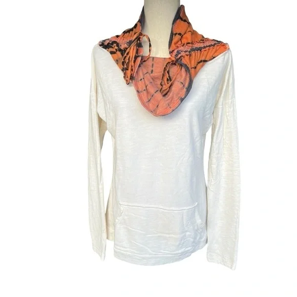 Able Clothing Artsy Cream Thermal Orange Black Tie Dye Cowl Neck Top Size Small - Picture 6 of 11